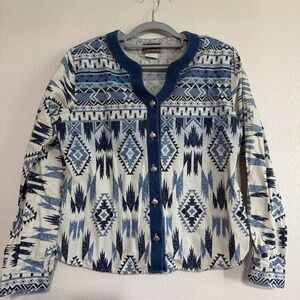Vintage‎ Roper Blouse Women's Large White Blue Western Cotton Long Sleeve Retro